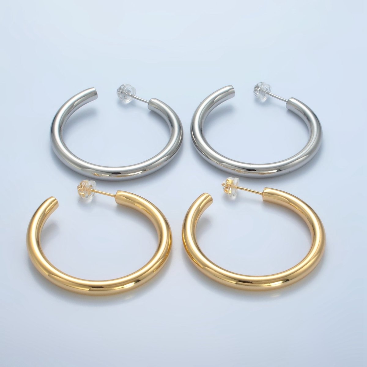 24K Gold Filled 40mm Minimalist C - Shaped Hoop Earrings in Gold & Silver | AD718 AD719 - DLUXCA