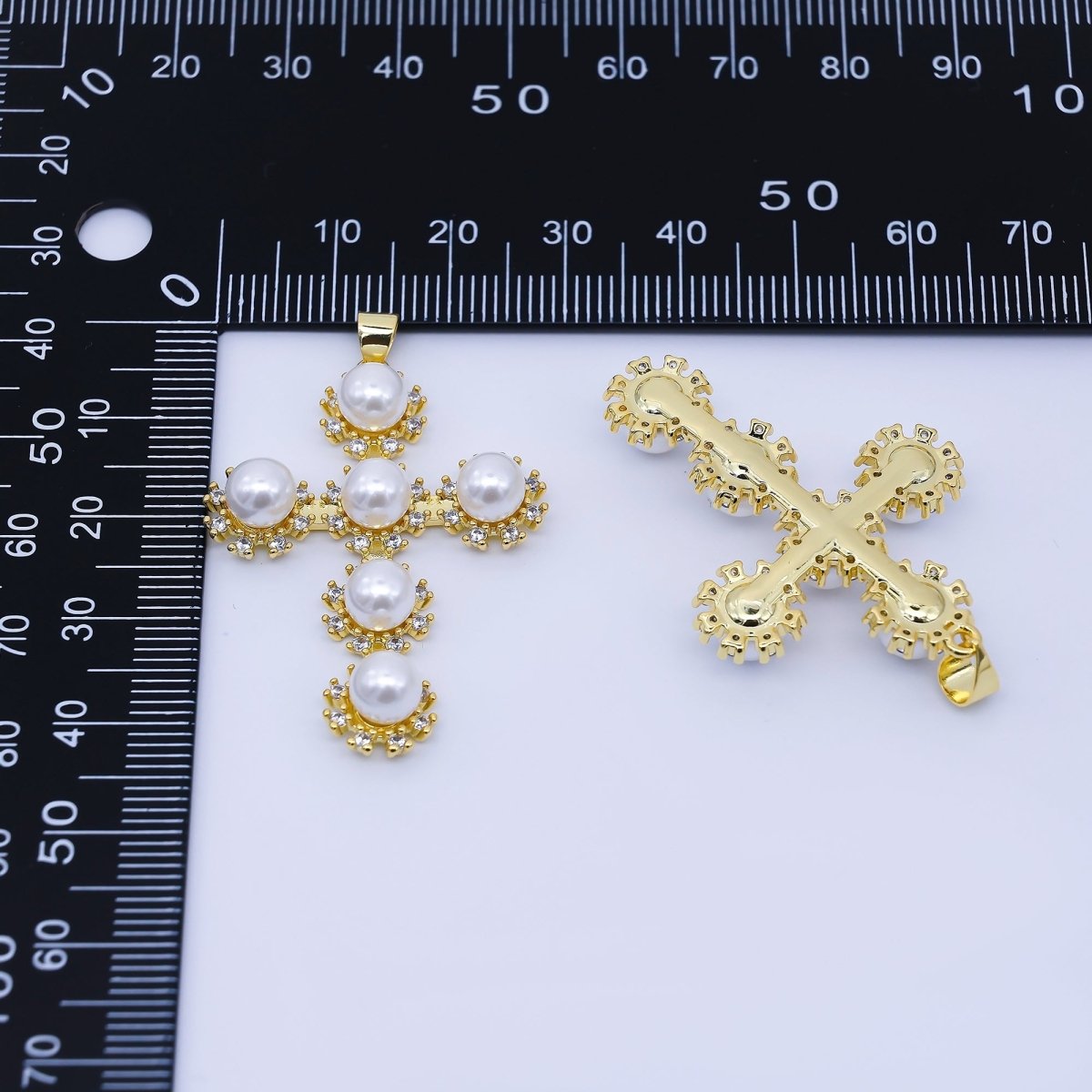 24K Gold Filled 40mm Shell Pearl Micro Paved CZ Religious Cross Pendant | AA1671 - DLUXCA
