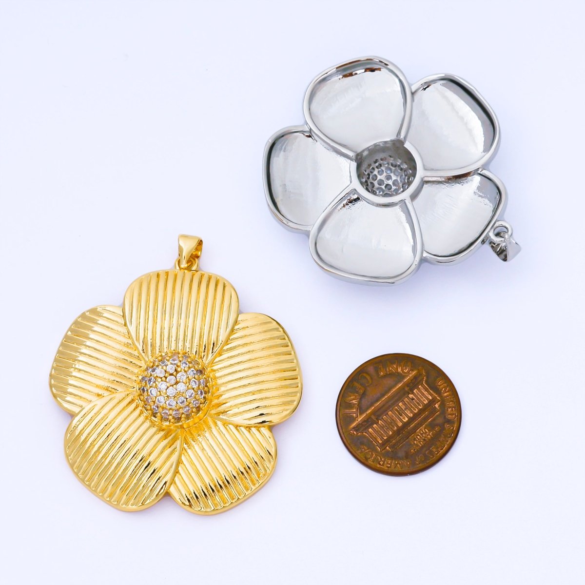 24K Gold Filled 41mm Micro Paved CZ Ribbed Flower Pendant in Gold & Silver | AA1657 AA1660 - DLUXCA