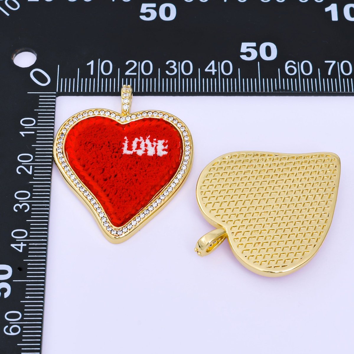24K Gold Filled 41mm Red Pressed Cotton Micro Paved CZ "LOVE" Heart Pendant | AA1646 - DLUXCA