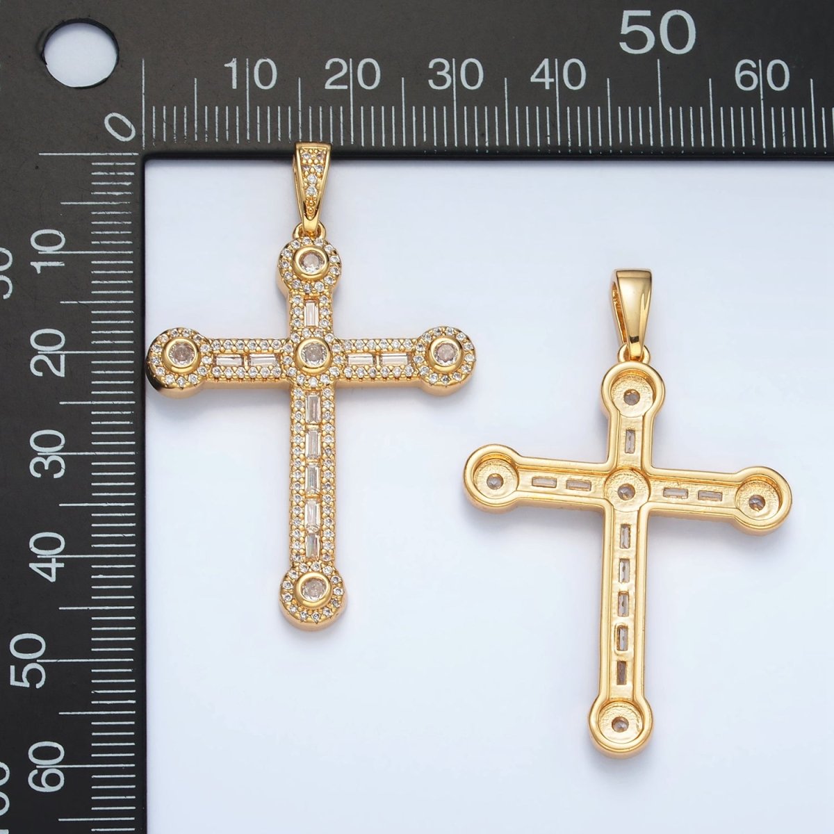 24K Gold Filled 43mm Clear CZ Baguette Micro Paved Cross Pendant | AA1394 - DLUXCA