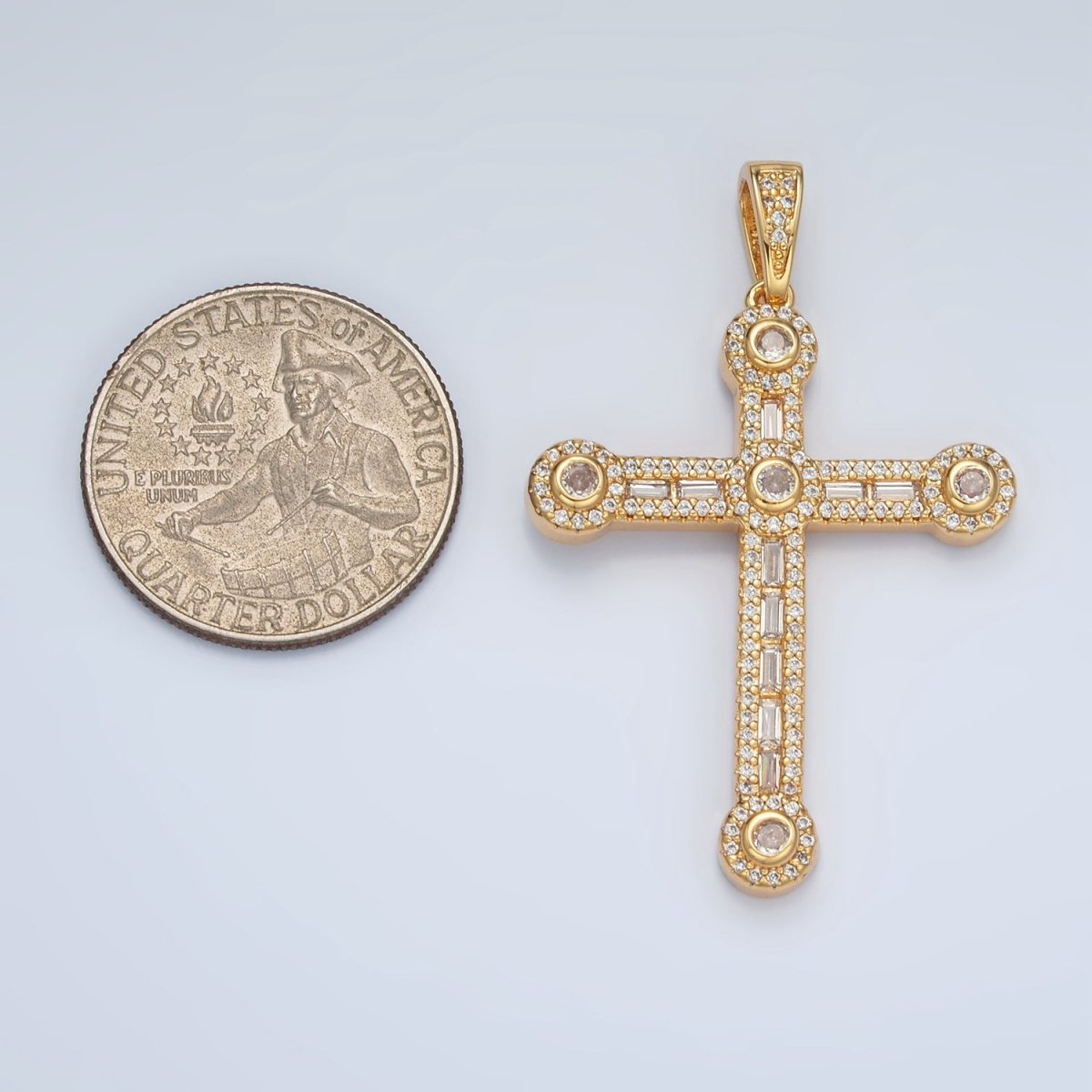 24K Gold Filled 43mm Clear CZ Baguette Micro Paved Cross Pendant | AA1394 - DLUXCA