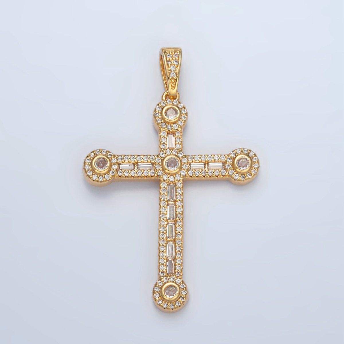 24K Gold Filled 43mm Clear CZ Baguette Micro Paved Cross Pendant | AA1394 - DLUXCA