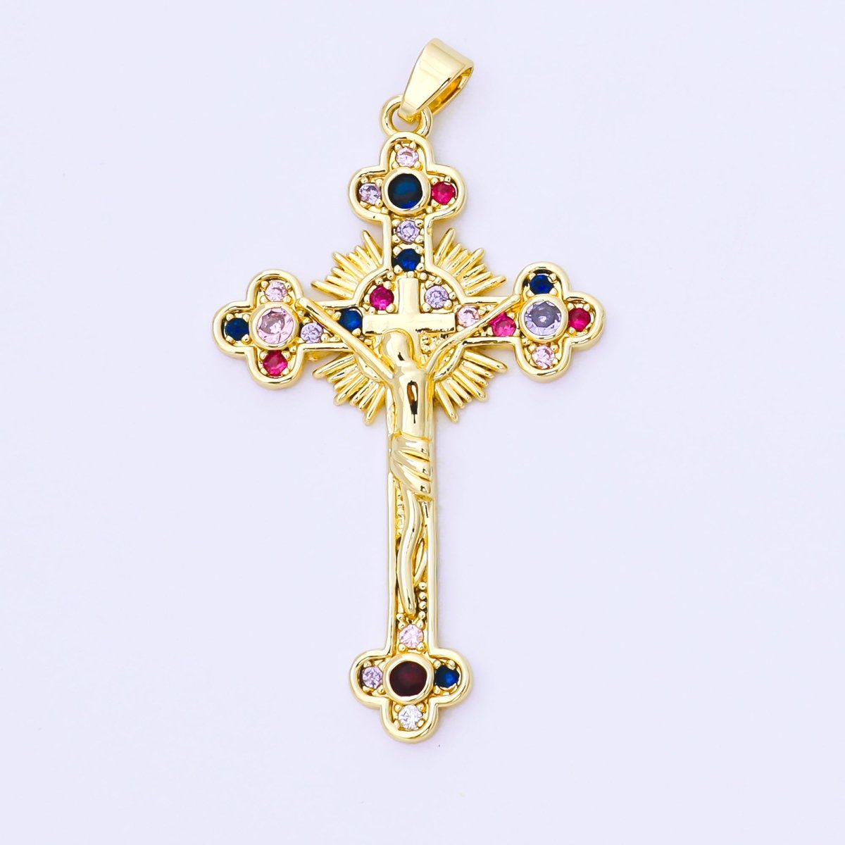 24K Gold Filled 43mm Multicolor Micro Paved CZ Sunburst Crucifix Cross Pendant | AA1568 - DLUXCA