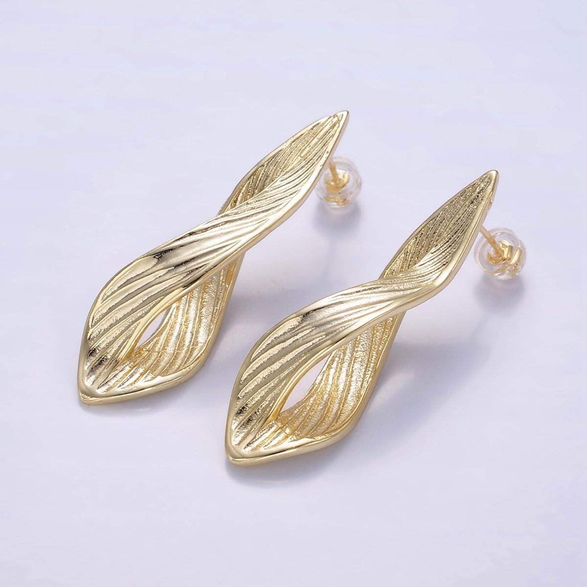 24K Gold Filled 45mm Line - Textured Leaf Curved Geometric Stud Earrings | Q120 - DLUXCA