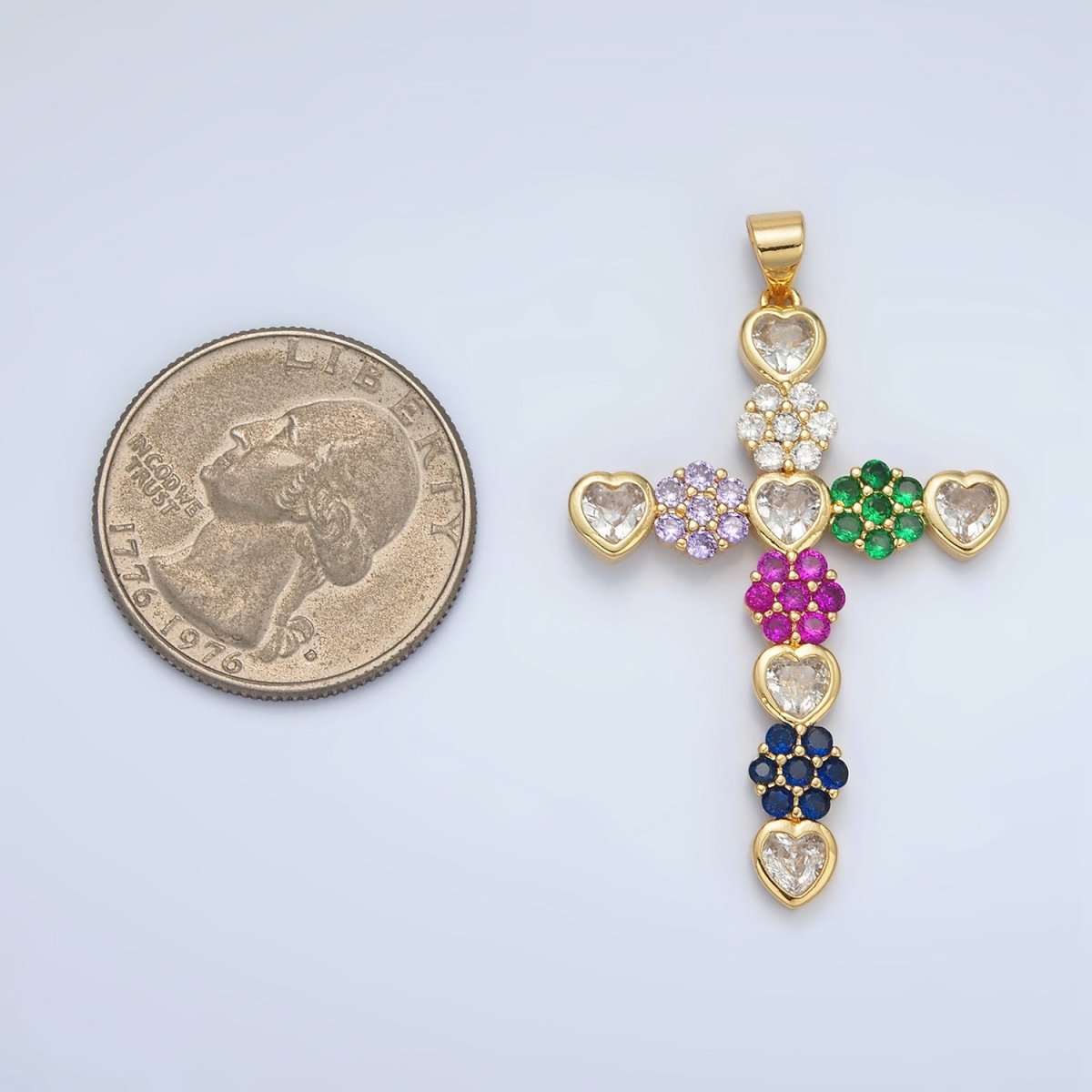 24K Gold Filled 45mm Multicolor Heart Flower Cross Pendant | AH188 - DLUXCA