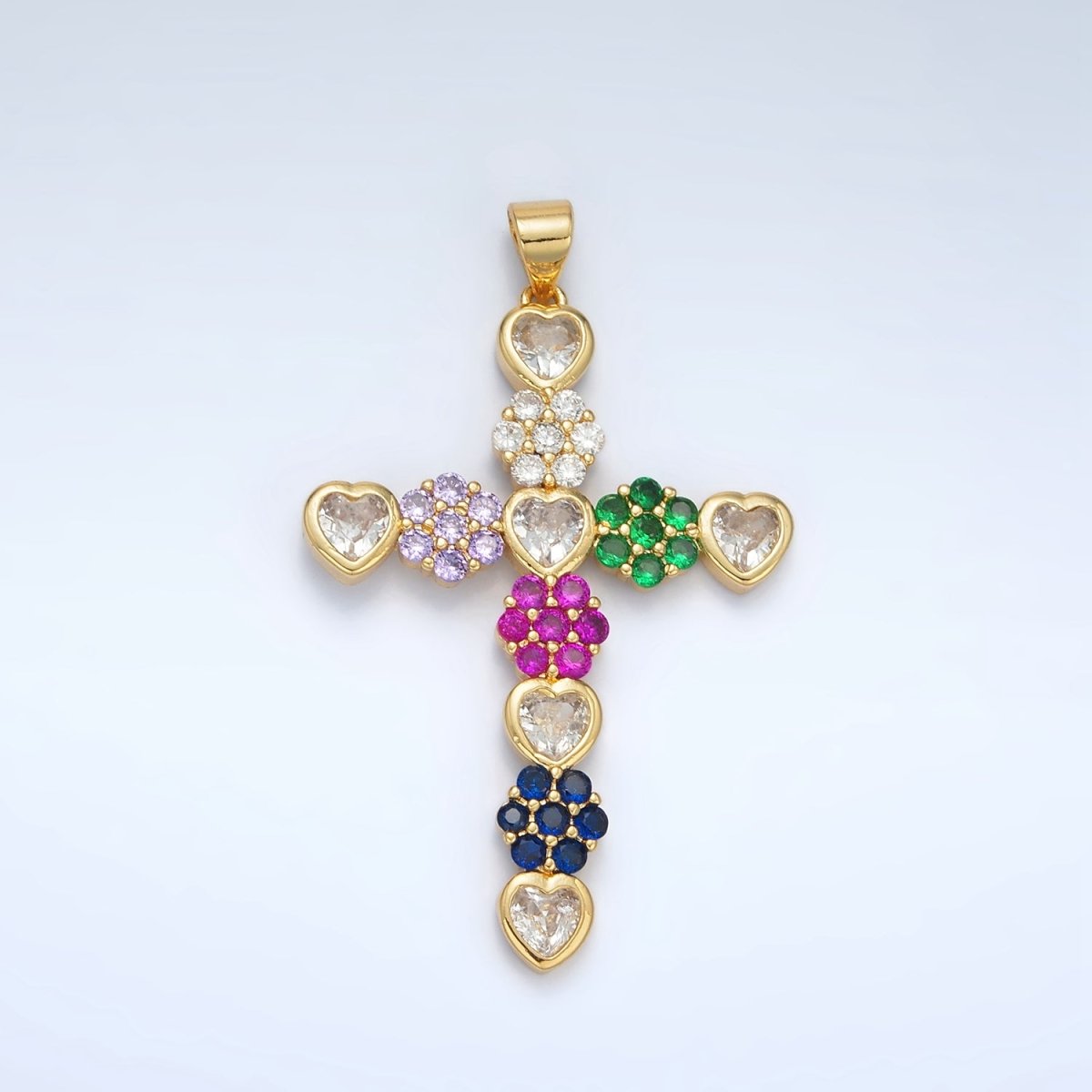 24K Gold Filled 45mm Multicolor Heart Flower Cross Pendant | AH188 - DLUXCA