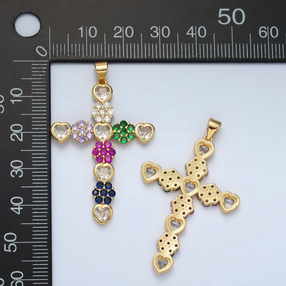 24K Gold Filled 45mm Multicolor Heart Flower Cross Pendant | AH188 - DLUXCA