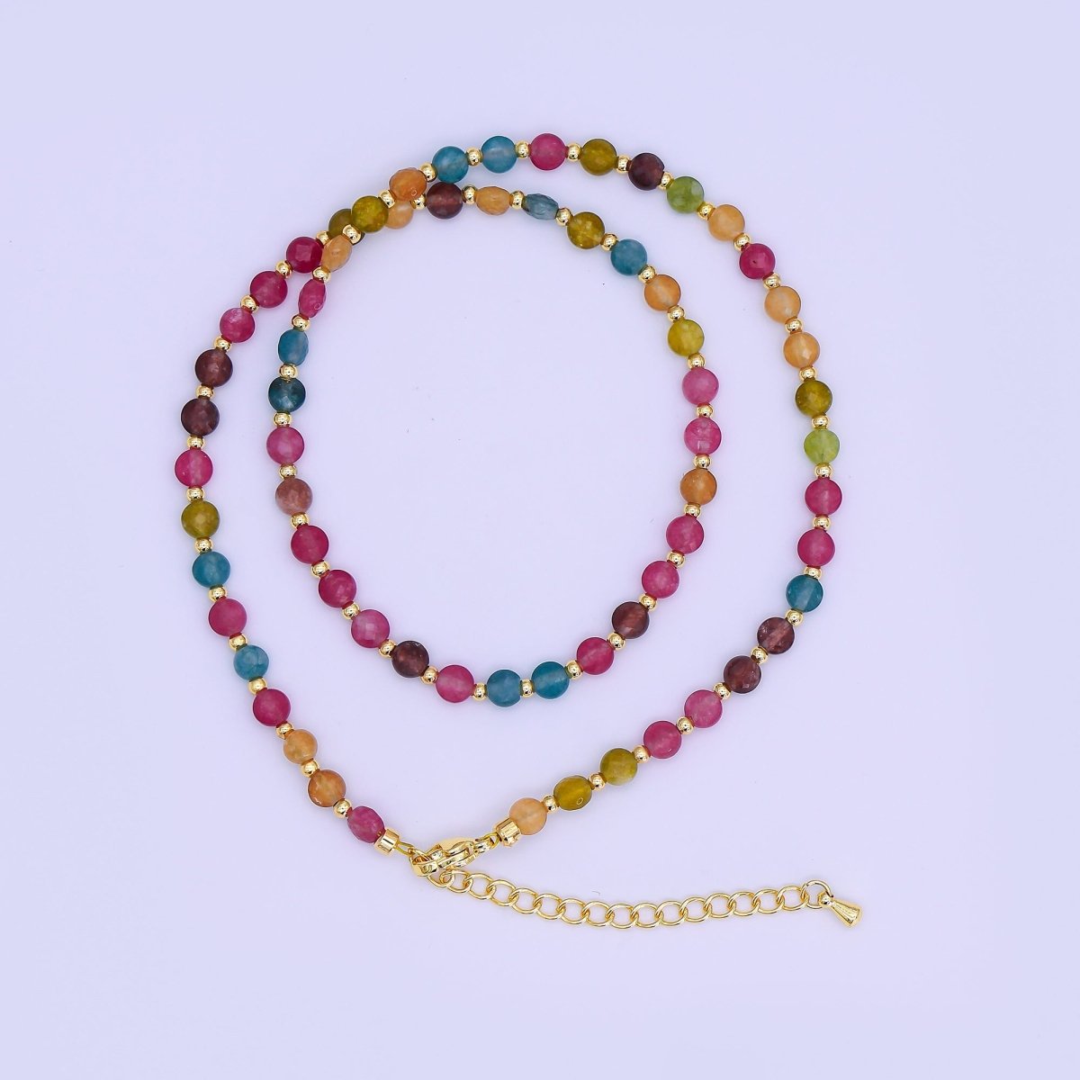24K Gold Filled 4.5mm Multicolor Natural Gemstone Round Bead 17 Inch Necklace | WA - 3151 - DLUXCA