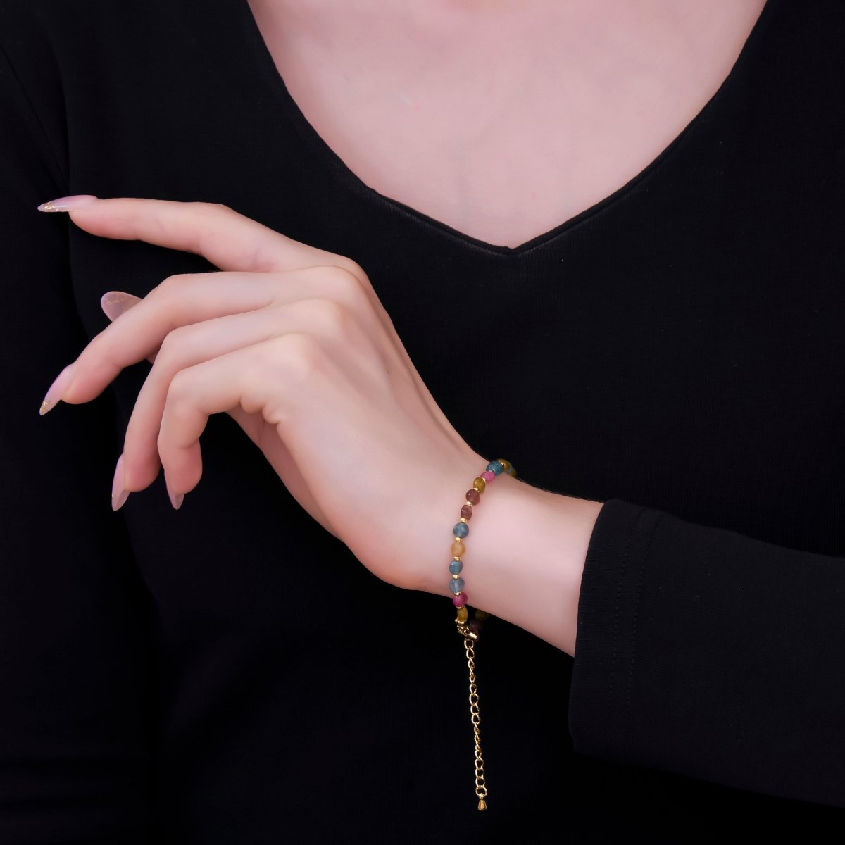 24K Gold Filled 4.5mm Multicolor Natural Gemstone Round Bead 6.5 Inch Bracelet | WA - 3153 - DLUXCA