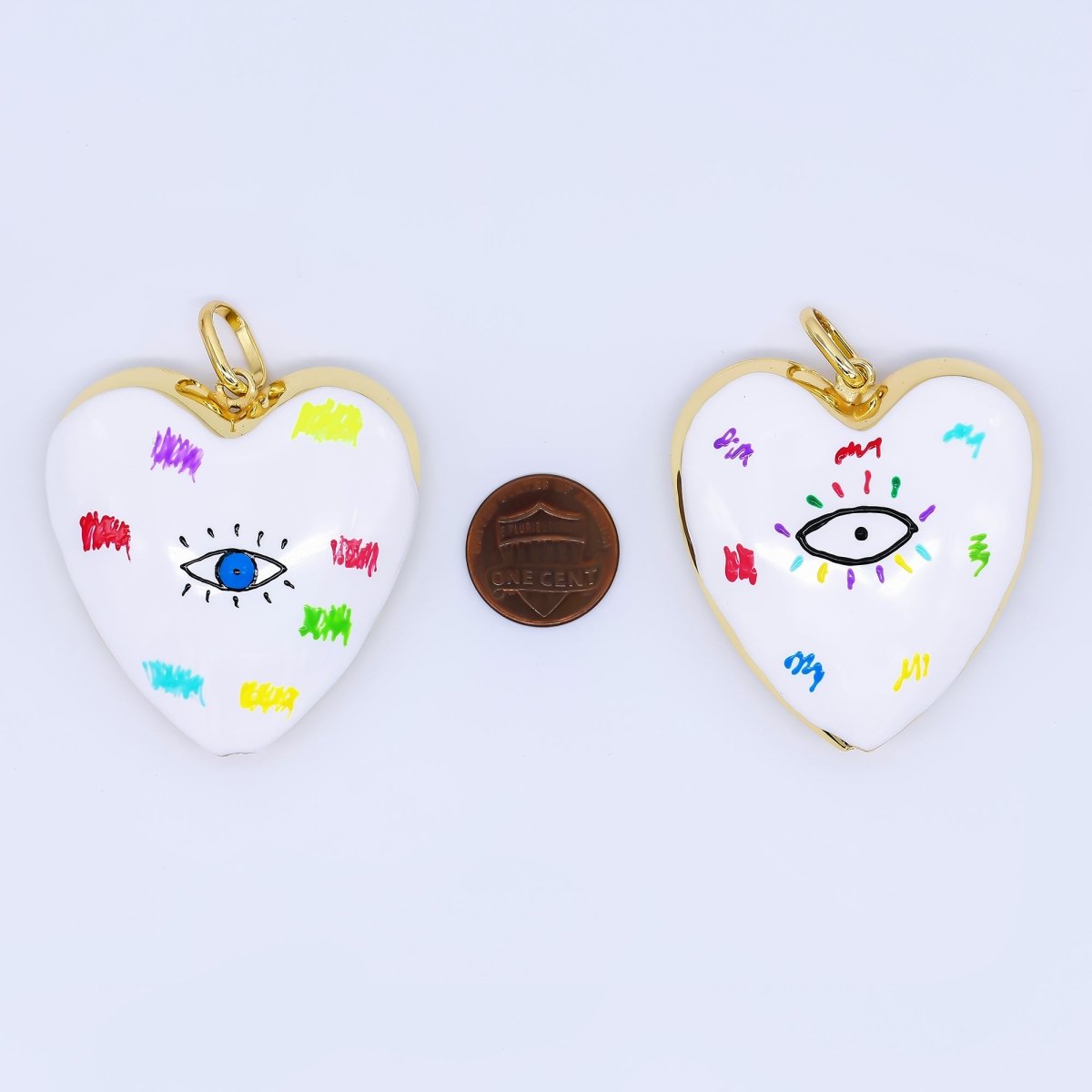 24K Gold Filled 48mm Evil Eye Art White Enamel Heart Charm | AH407 AH408 - DLUXCA