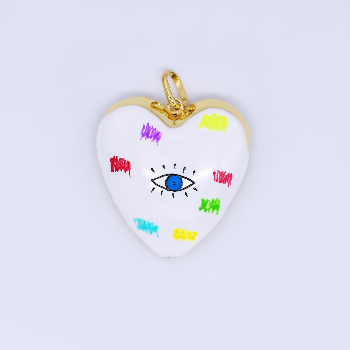 24K Gold Filled 48mm Evil Eye Art White Enamel Heart Charm | AH407 AH408 - DLUXCA