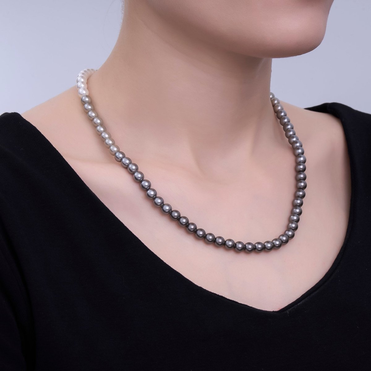 24K Gold Filled 4mm, 6mm Gradient White - Grey Shell Pearl 17 Inch Necklace | WA - 2794 WA - 2795 - DLUXCA