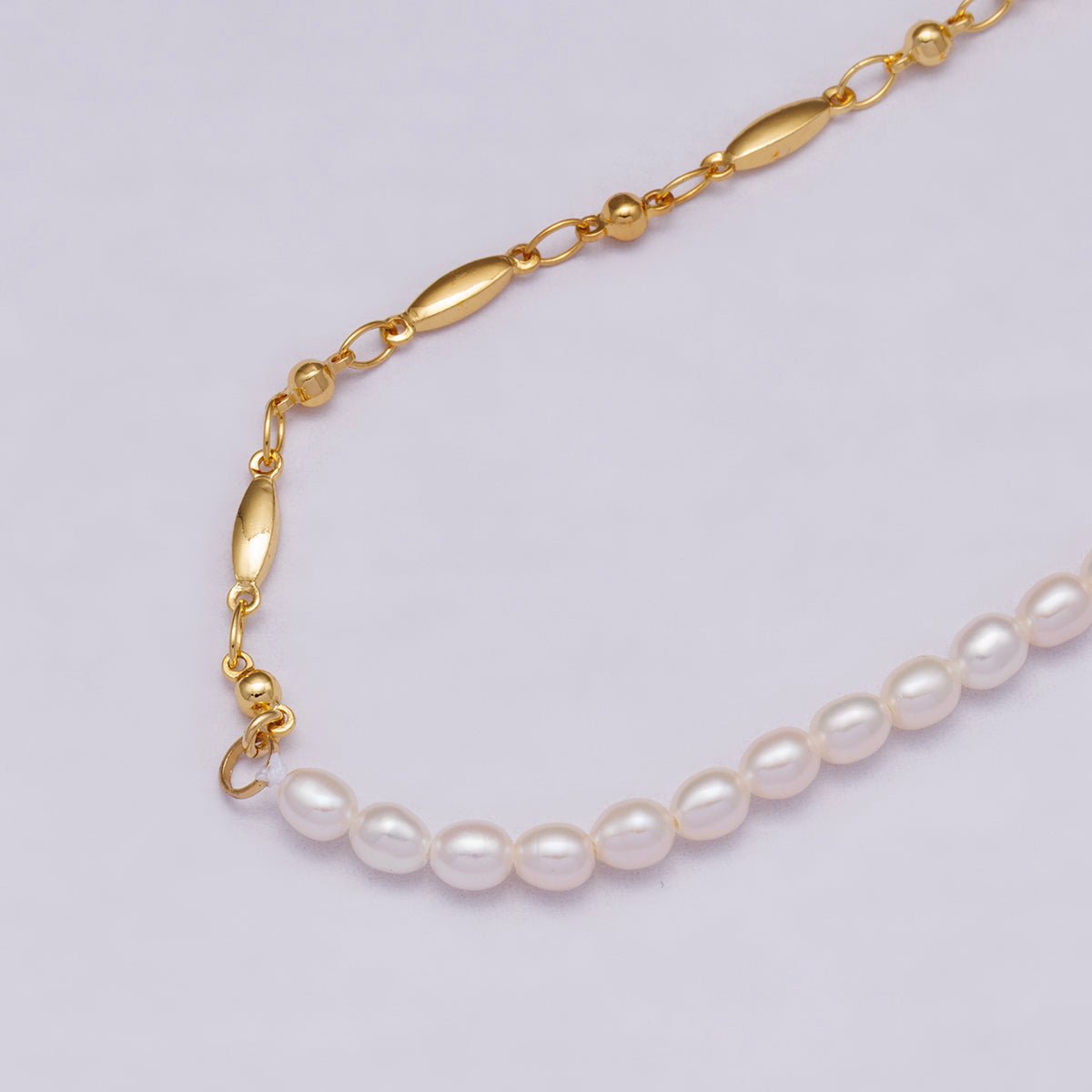24K Gold Filled 4mm Half Shell Pearl Geometric Chain 16 Inch Necklace w. Extender | WA - 04279 - DLUXCA