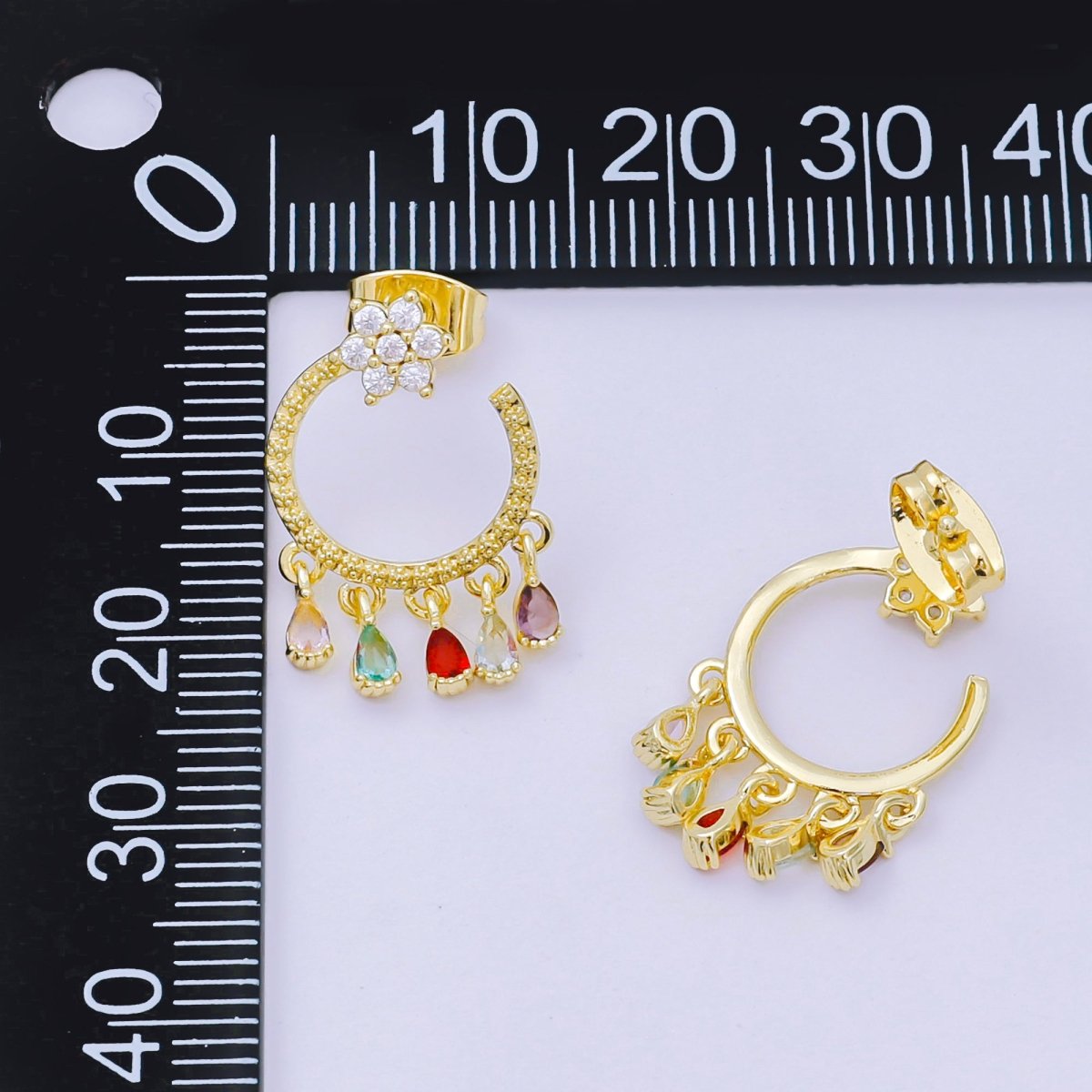 24K Gold Filled 5 - Teardrop Multicolor & Micro Paved Flower CZ Studs Earrings in Gold & Silver | AJ - 103 AJ - 117 - DLUXCA