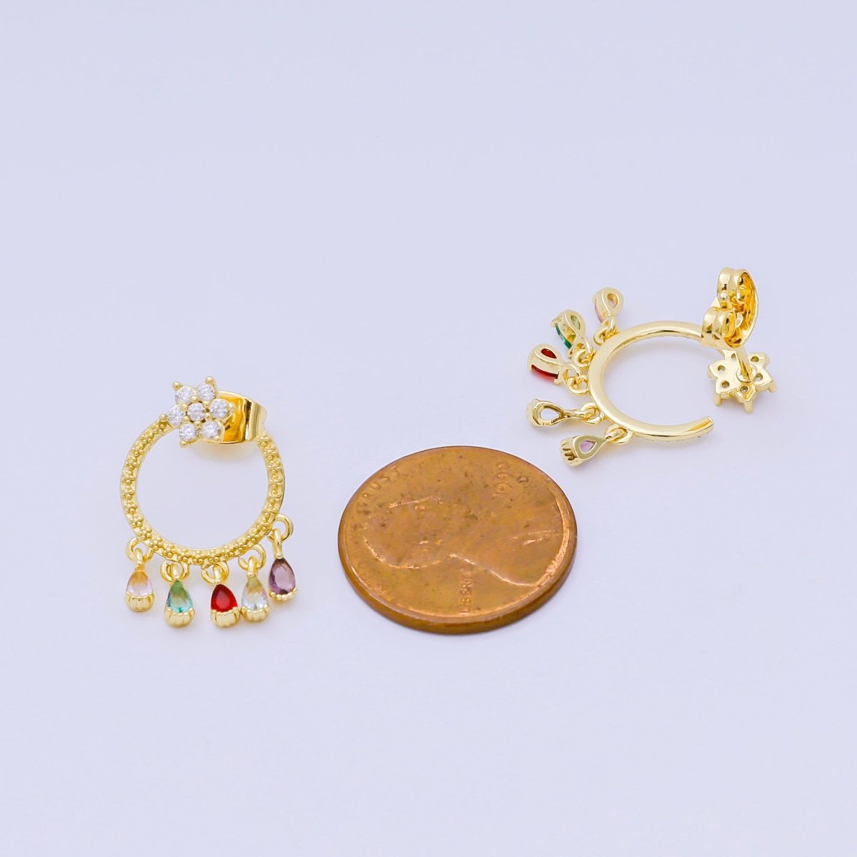 24K Gold Filled 5 - Teardrop Multicolor & Micro Paved Flower CZ Studs Earrings in Gold & Silver | AJ - 103 AJ - 117 - DLUXCA