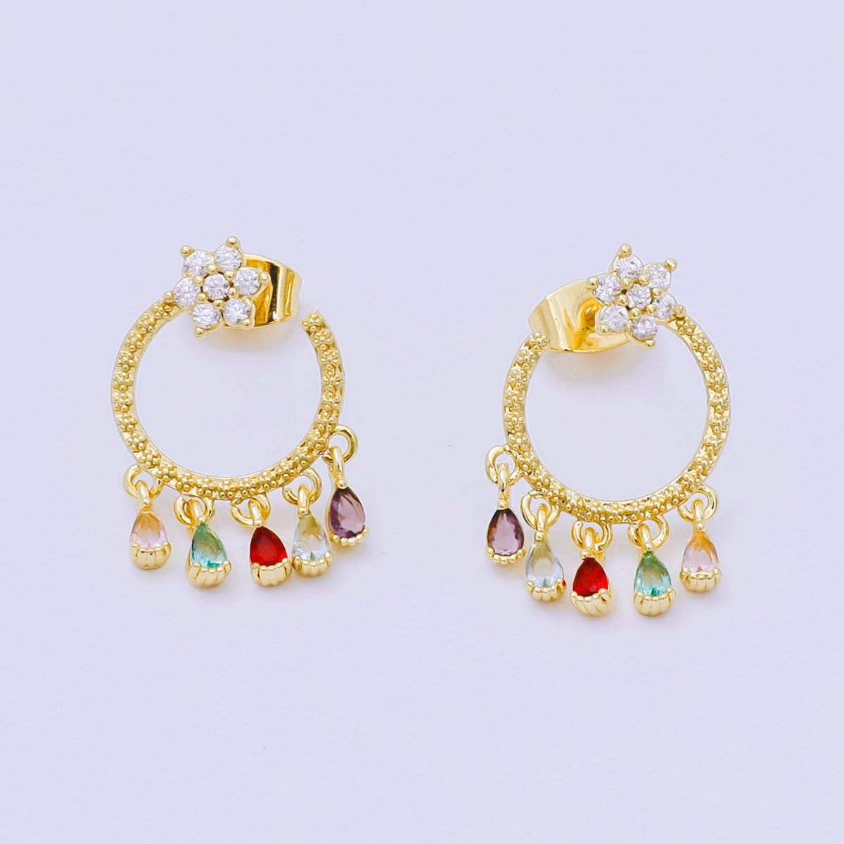 24K Gold Filled 5 - Teardrop Multicolor & Micro Paved Flower CZ Studs Earrings in Gold & Silver | AJ - 103 AJ - 117 - DLUXCA