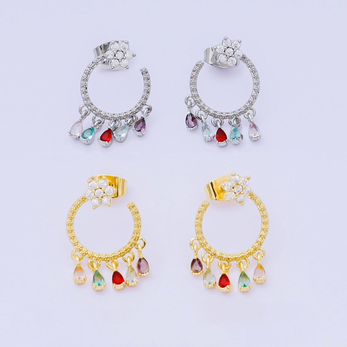 24K Gold Filled 5 - Teardrop Multicolor & Micro Paved Flower CZ Studs Earrings in Gold & Silver | AJ - 103 AJ - 117 - DLUXCA