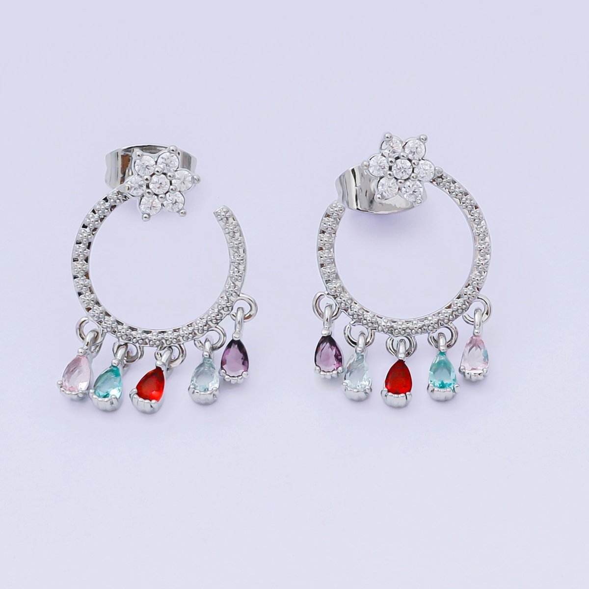 24K Gold Filled 5 - Teardrop Multicolor & Micro Paved Flower CZ Studs Earrings in Gold & Silver | AJ - 103 AJ - 117 - DLUXCA