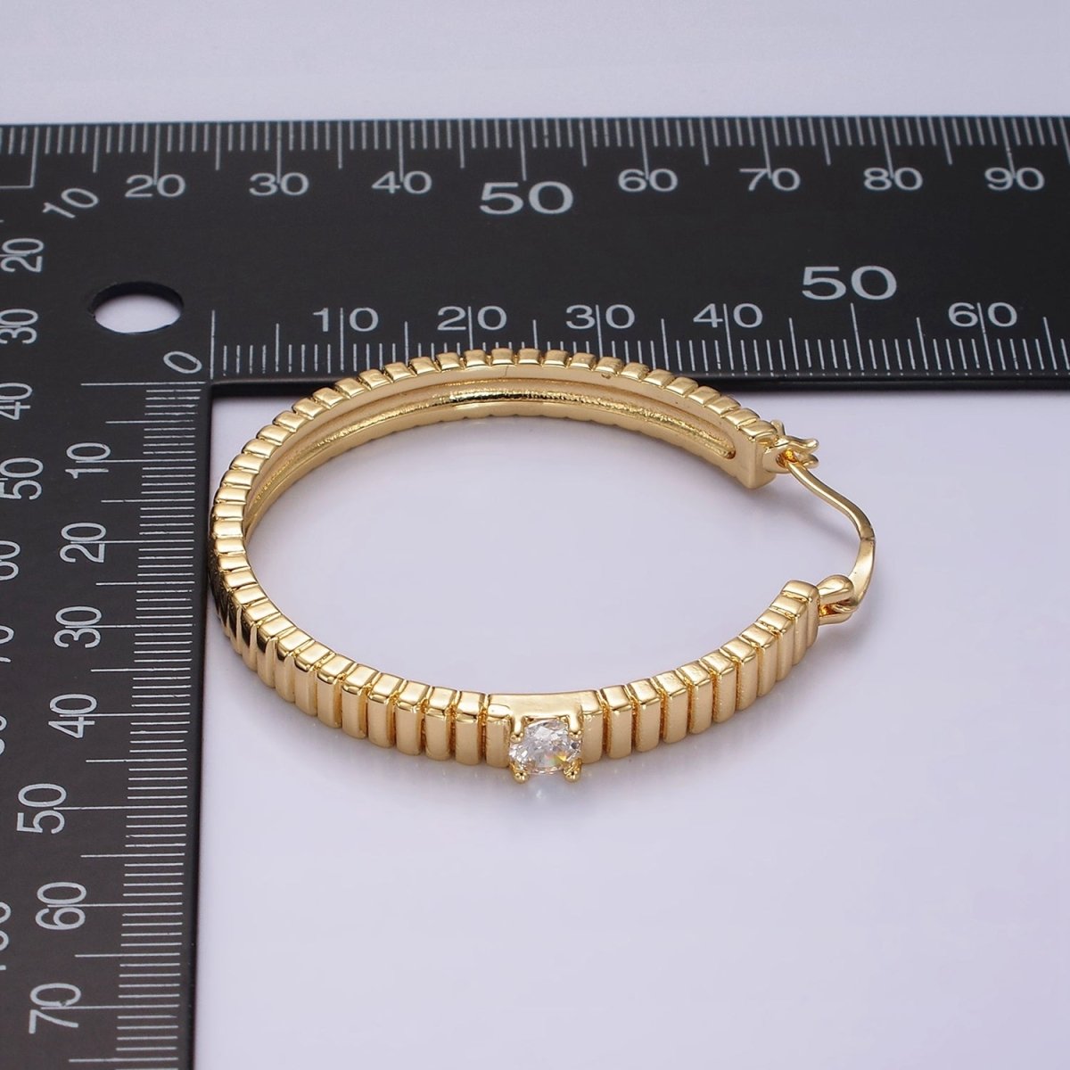 24K Gold Filled 50mm Clear CZ Ribbed Latch Hoop Earrings | AE346 - DLUXCA