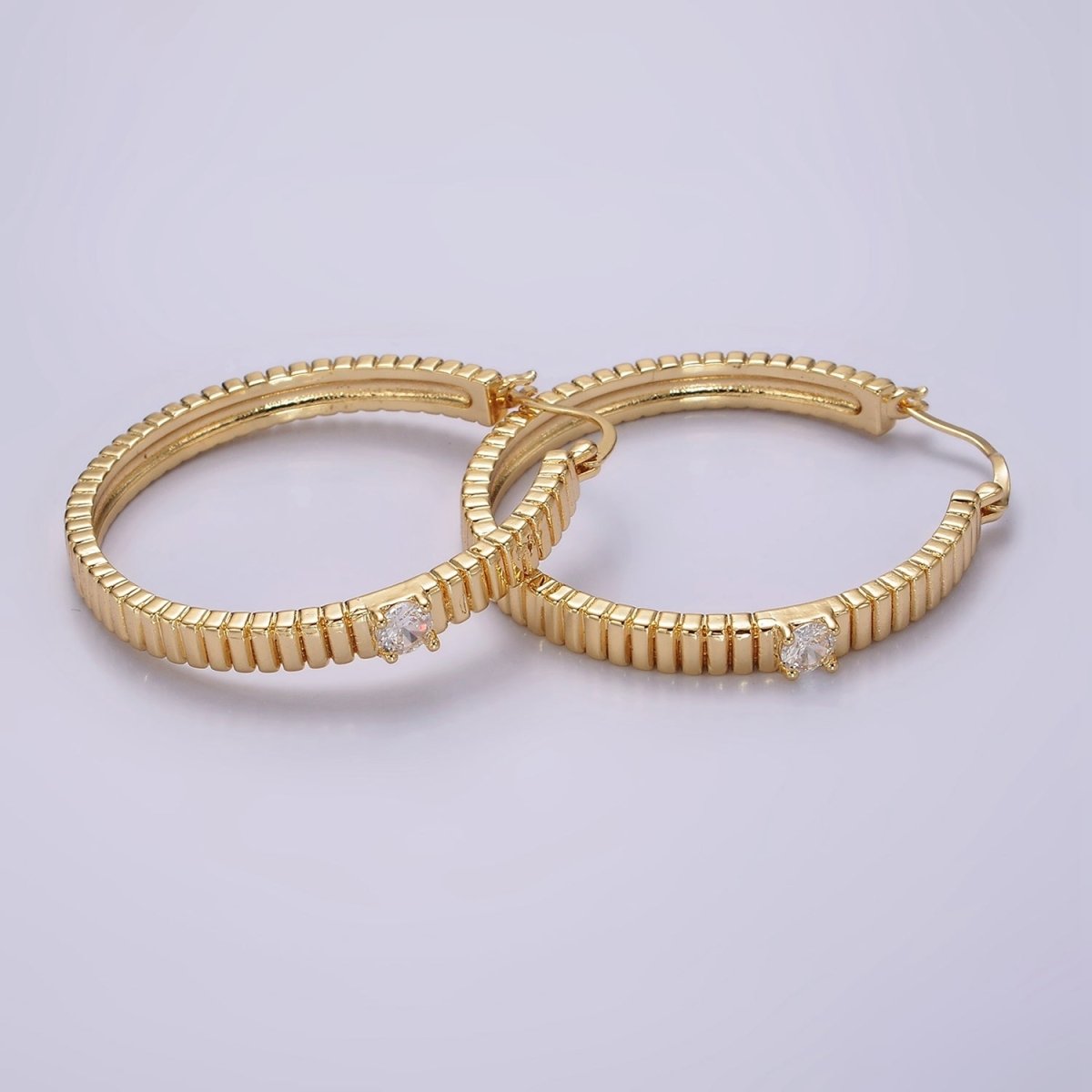 24K Gold Filled 50mm Clear CZ Ribbed Latch Hoop Earrings | AE346 - DLUXCA