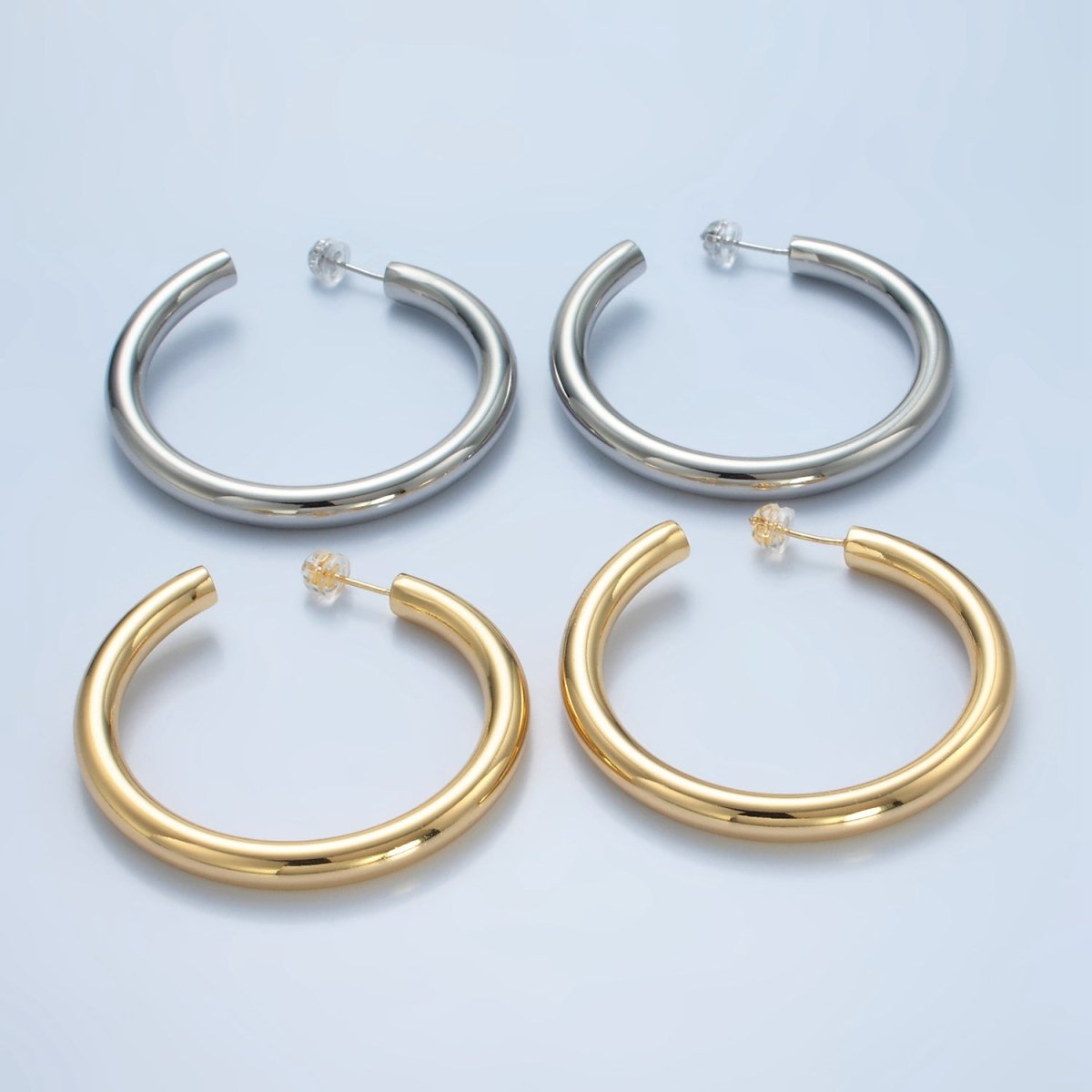 24K Gold Filled 50mm Minimalist C - Shaped Hoop Earrings in Gold & Silver | AD715 AD716 - DLUXCA