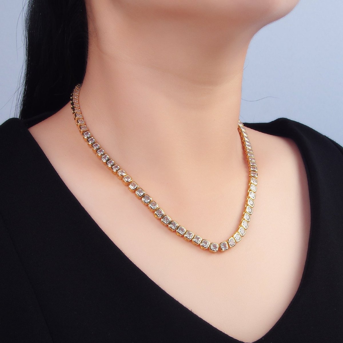 24K Gold Filled 5.3mm Square CZ Tennis Chain 16 Inch Necklace w. Extender | WA - 2641 - DLUXCA