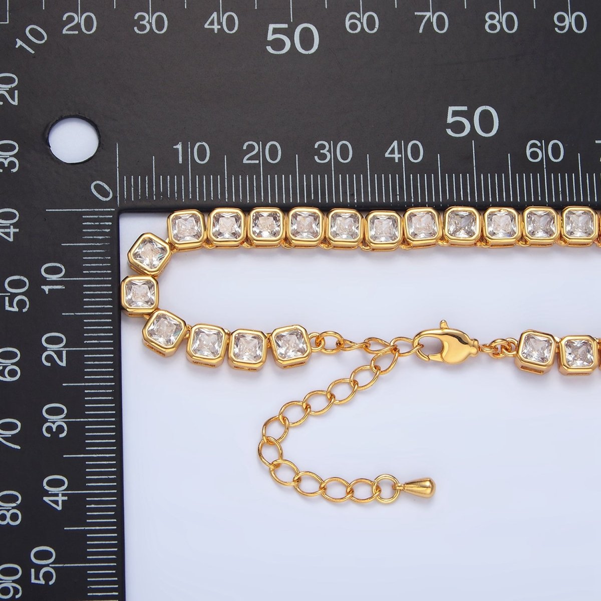 24K Gold Filled 5.3mm Square CZ Tennis Chain 16 Inch Necklace w. Extender | WA - 2641 - DLUXCA