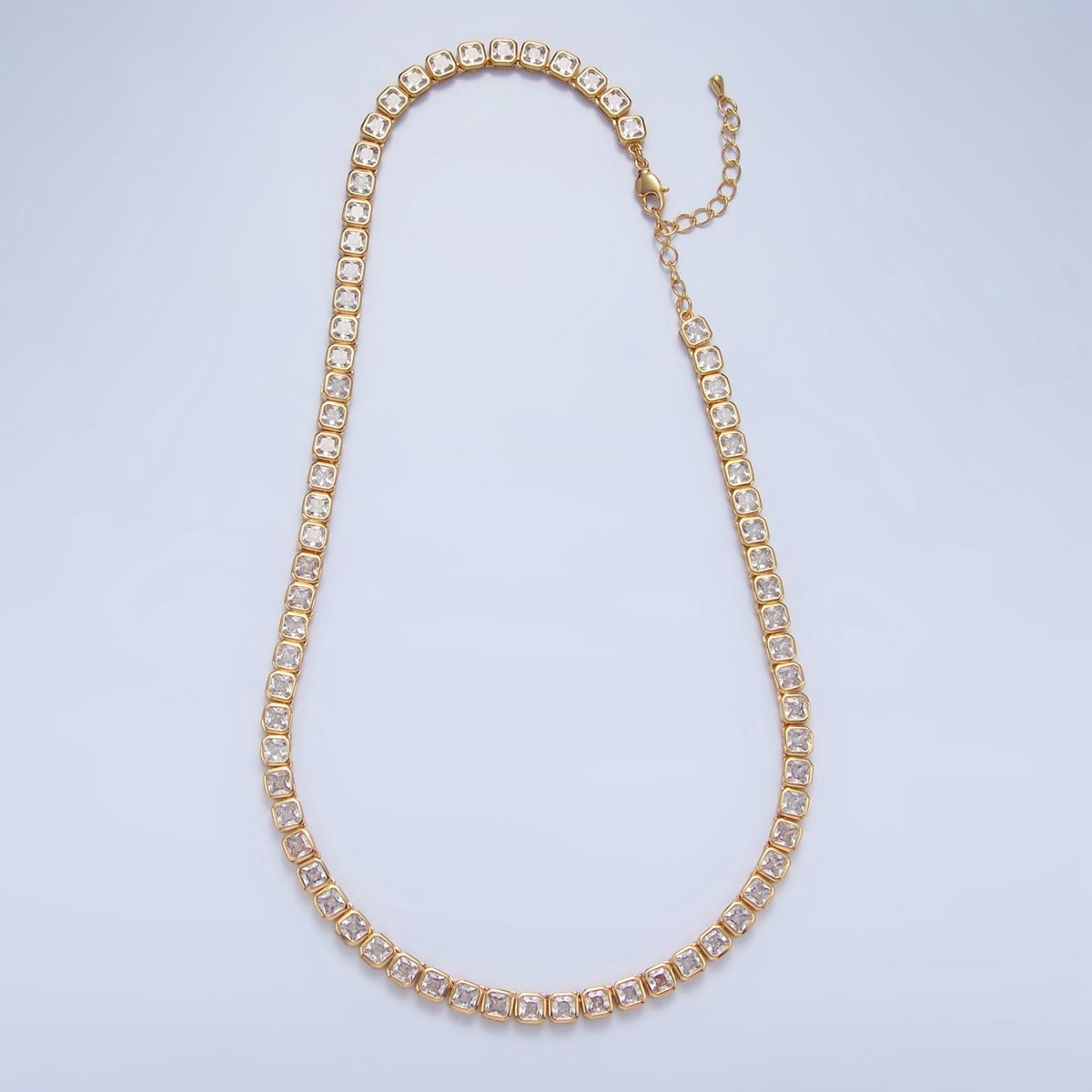 24K Gold Filled 5.3mm Square CZ Tennis Chain 16 Inch Necklace w. Extender | WA - 2641 - DLUXCA