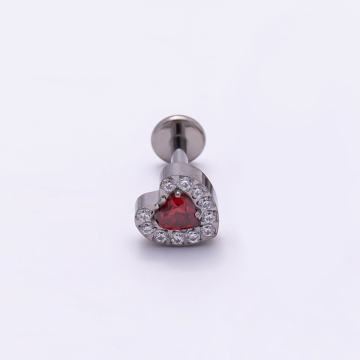 24K Gold Filled 5.5mm Red Micro Paved CZ Heart Cartilage Piercing Flat Back Stud in Gold & Silver | Findings-00256 Findings-00257 - DLUXCA