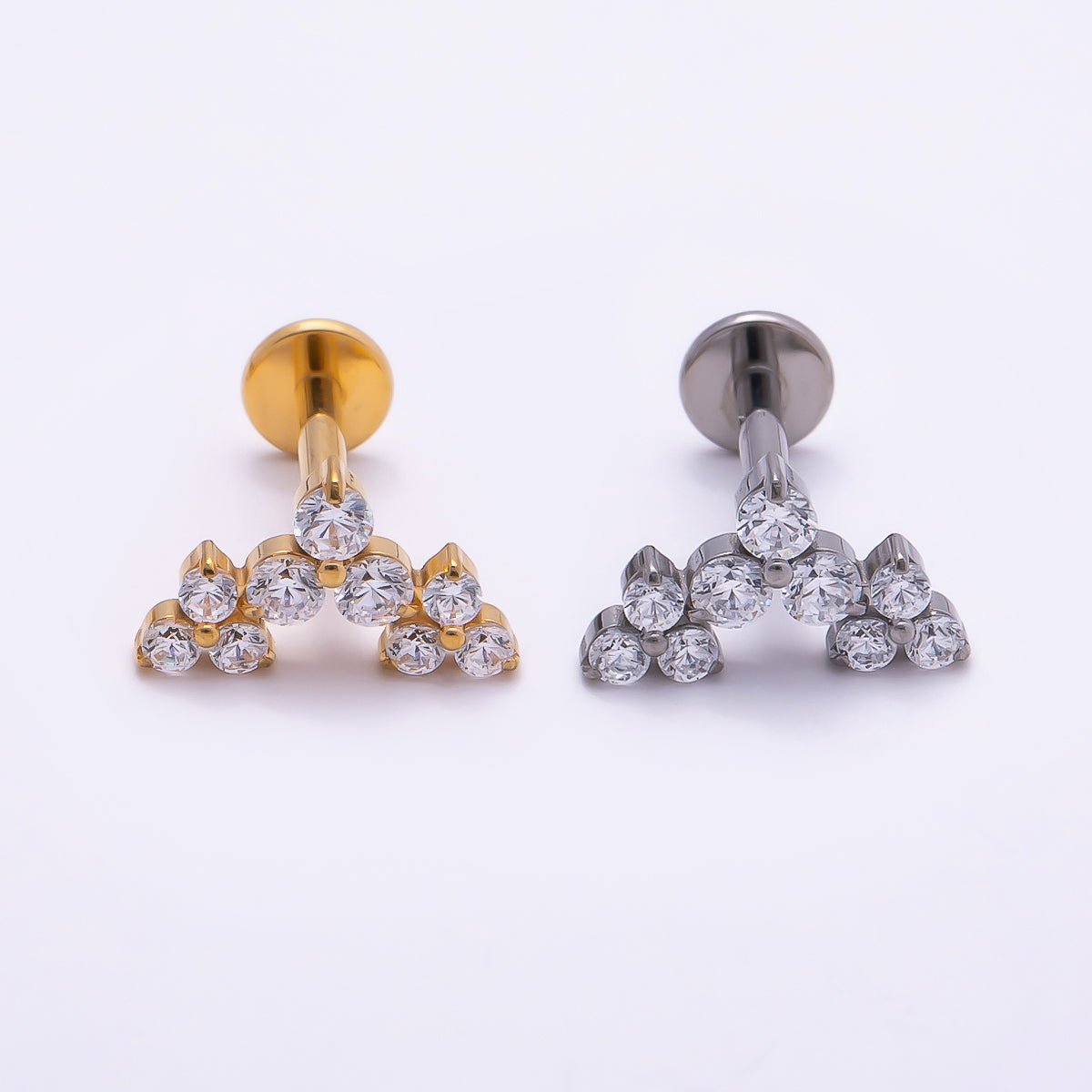 24K Gold Filled 5.5mm Triple Clear CZ Cluster Cartilage Piercing Flat Back Stud in Gold & Silver | Findings-00260 Findings-00261 - DLUXCA