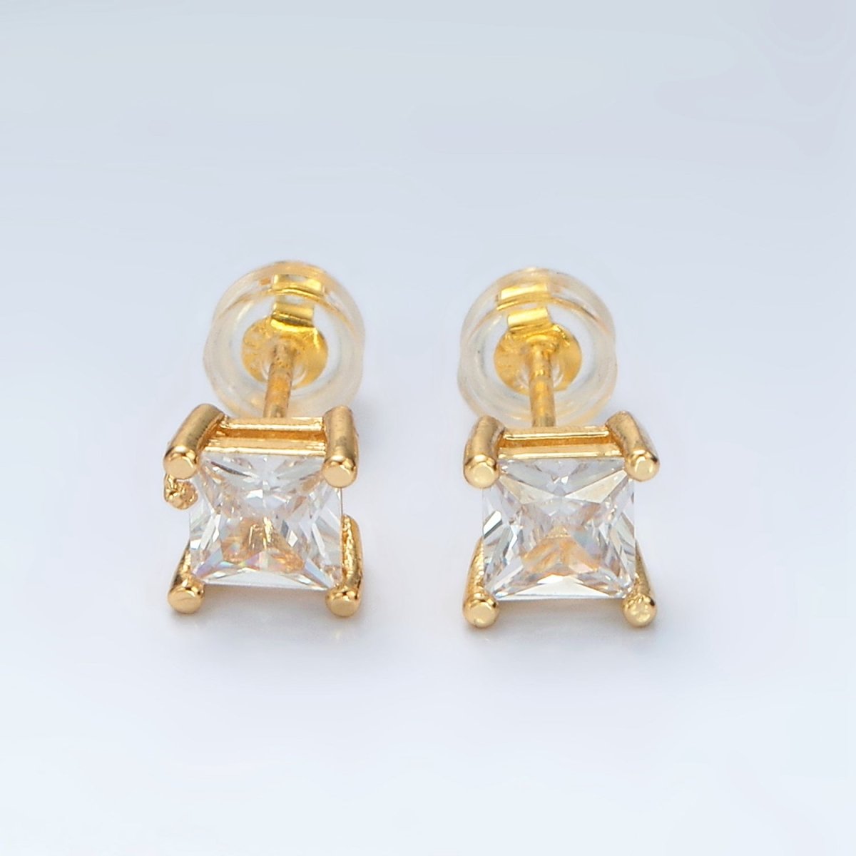 24K Gold Filled 6.3mm Clear CZ Square Baguette Stud Earrings | AB1223 - DLUXCA