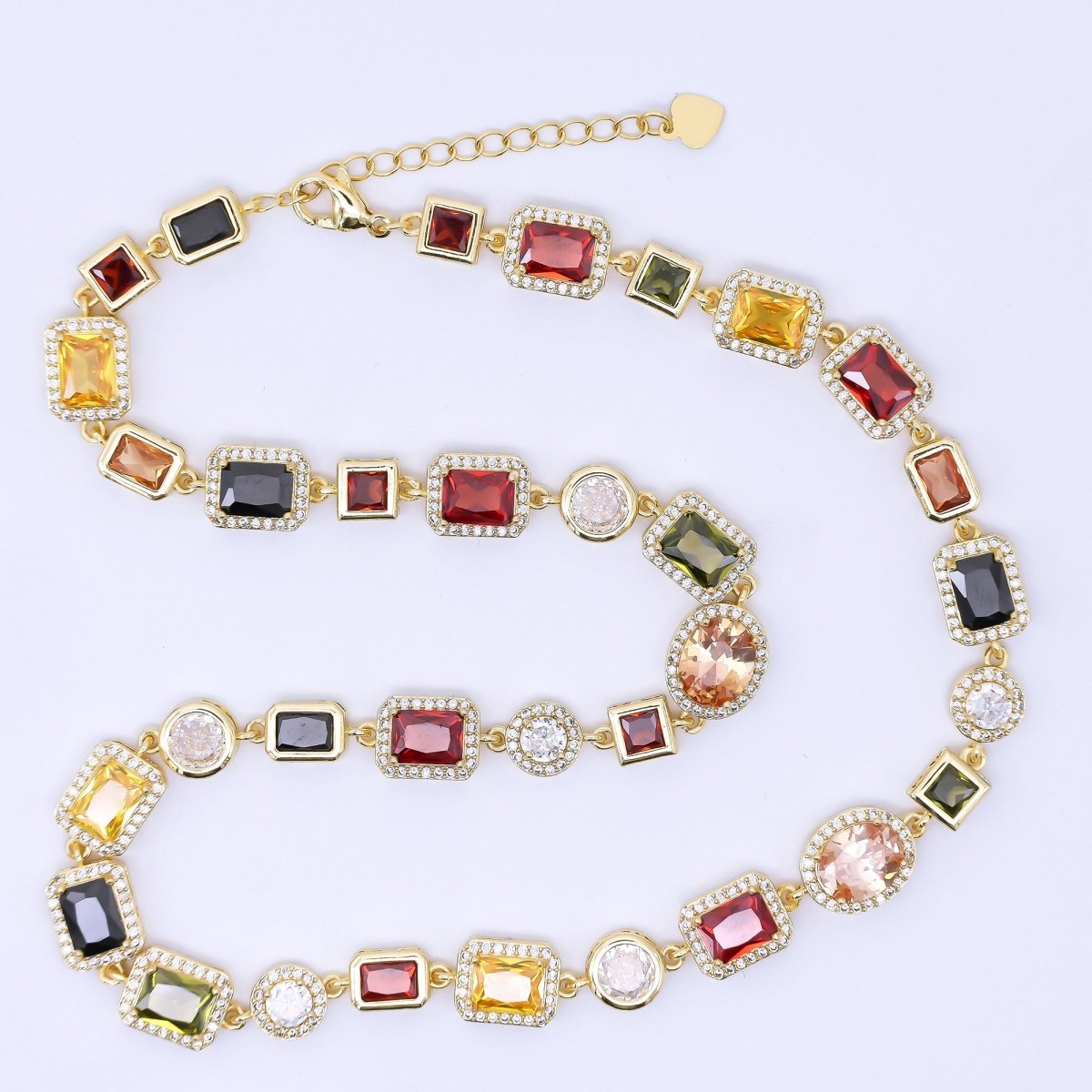 24K Gold Filled 6.7mm Geometric Multicolor Cluster Micro Paved CZ Gemstone 17.5 Inch Necklace | WA - 1241 - DLUXCA