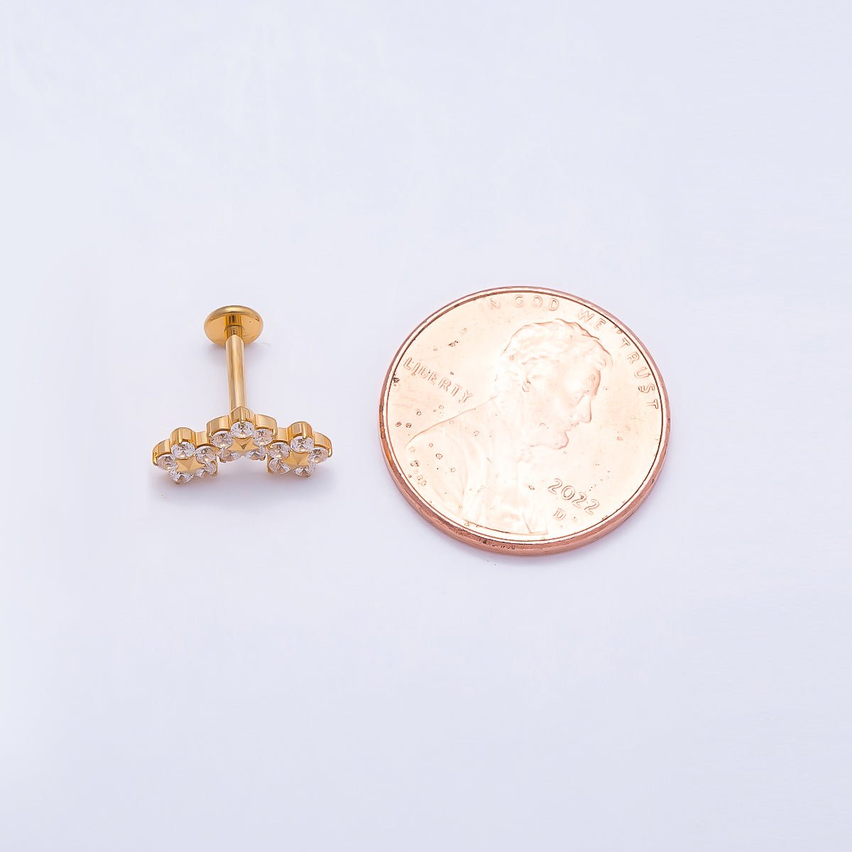 24K Gold Filled 6mm Clear CZ Triple Flower Cartilage Piercing Flat Back Stud in Gold & Silver | Findings-00258 Findings-00259 - DLUXCA