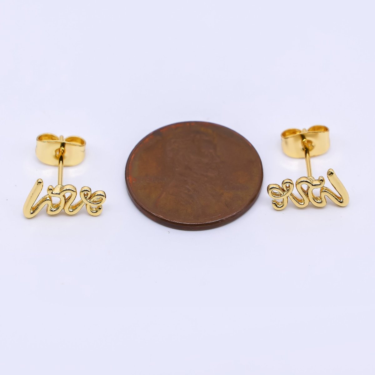24K Gold Filled 6mm "Love" Cursive Script Stud Earrings | AI475 - DLUXCA