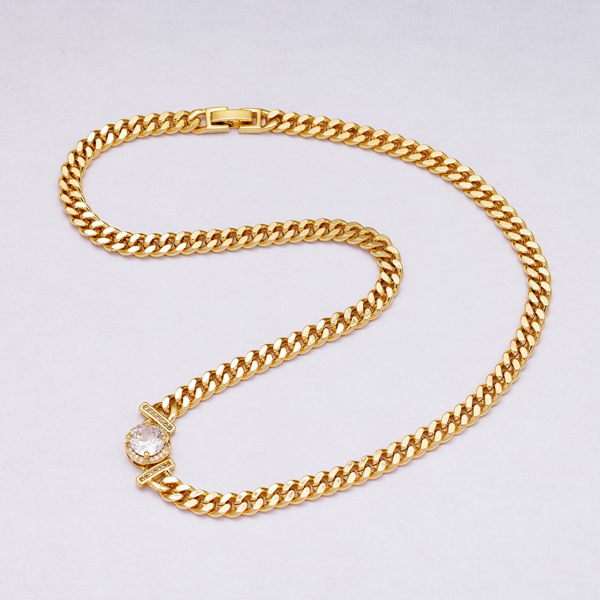 24K Gold Filled 6mm Round Micro Paved CZ Solitaire Curb Chain 17.5 Inch Necklace | WA - 04280 - DLUXCA