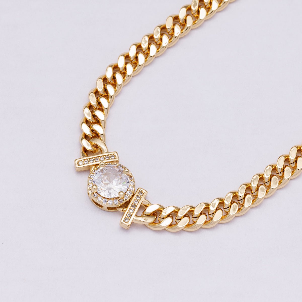 24K Gold Filled 6mm Round Micro Paved CZ Solitaire Curb Chain 17.5 Inch Necklace | WA - 04280 - DLUXCA