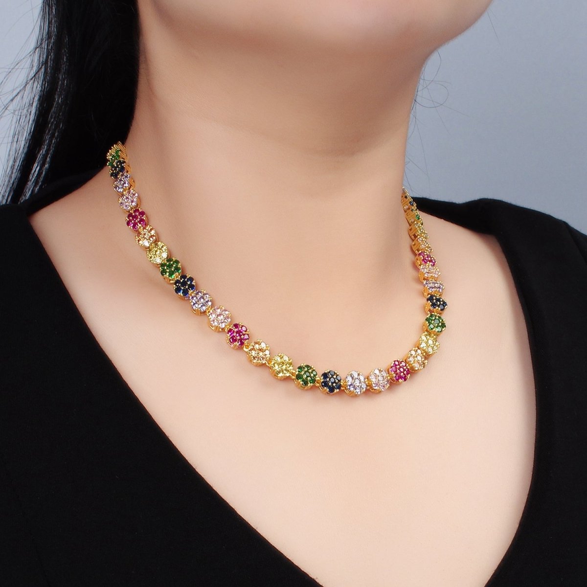 24K Gold Filled 7.8mm Multicolor CZ Flower 15.5 Inch Choker Necklace in Gold & Silver | WA - 2564 - DLUXCA