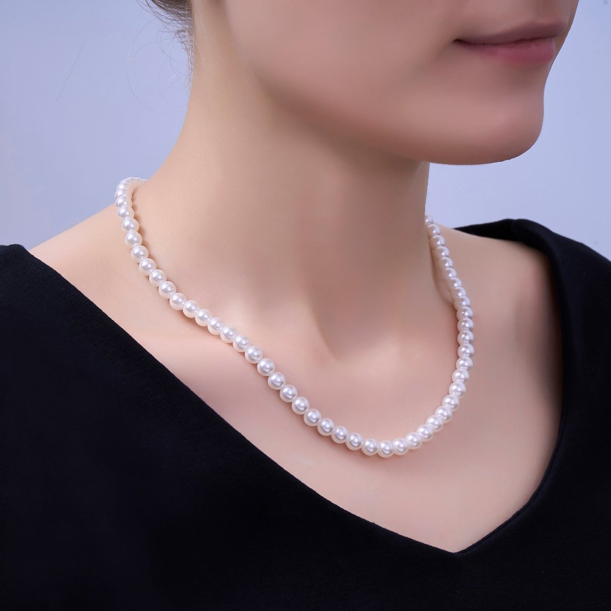 24K Gold Filled 7mm, 6mm, 5mm, 4mm, 3mm White Round Shell Pearl 17 Inch Necklace | WA - 2765 ~ WA - 2769 - DLUXCA