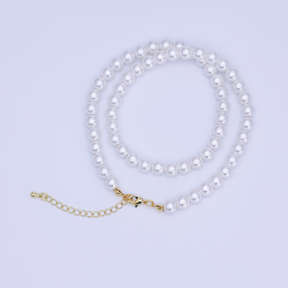 24K Gold Filled 7mm, 6mm, 5mm, 4mm, 3mm White Round Shell Pearl 17 Inch Necklace | WA - 2765 ~ WA - 2769 - DLUXCA