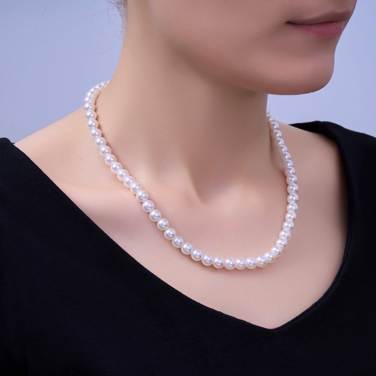 24K Gold Filled 7mm, 6mm, 5mm, 4mm, 3mm White Round Shell Pearl 17 Inch Necklace | WA - 2765 ~ WA - 2769 - DLUXCA