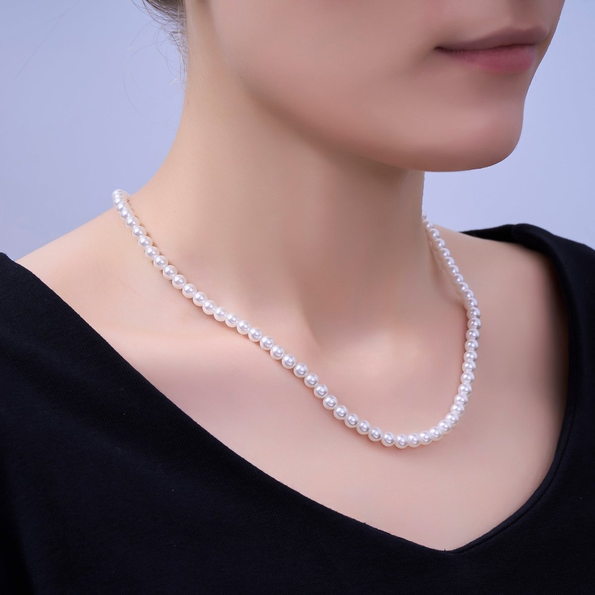 24K Gold Filled 7mm, 6mm, 5mm, 4mm, 3mm White Round Shell Pearl 17 Inch Necklace | WA - 2765 ~ WA - 2769 - DLUXCA