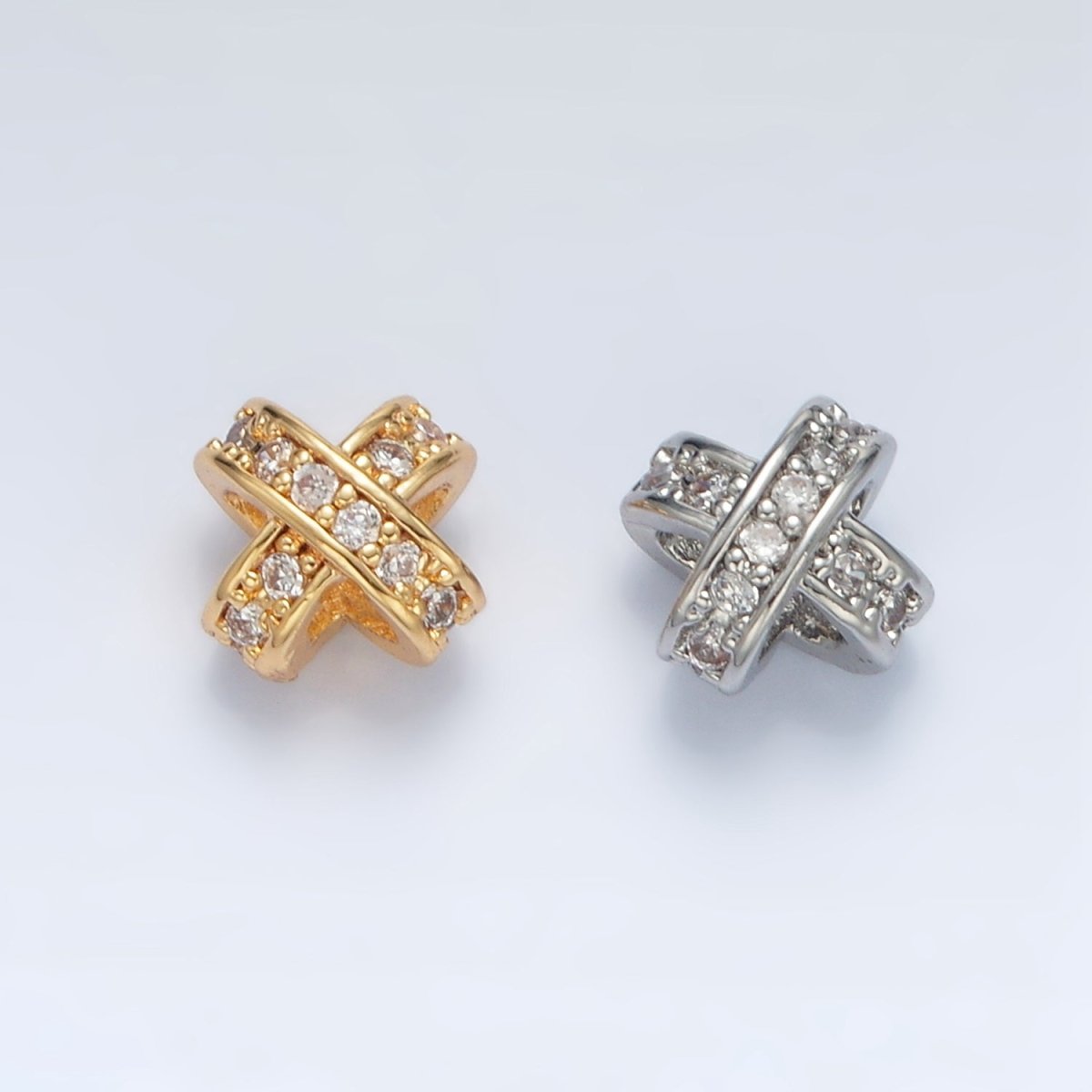 24K Gold Filled 7mm Micro Paved CZ Double Crossed Band Bead in Gold & Silver | B396 - DLUXCA