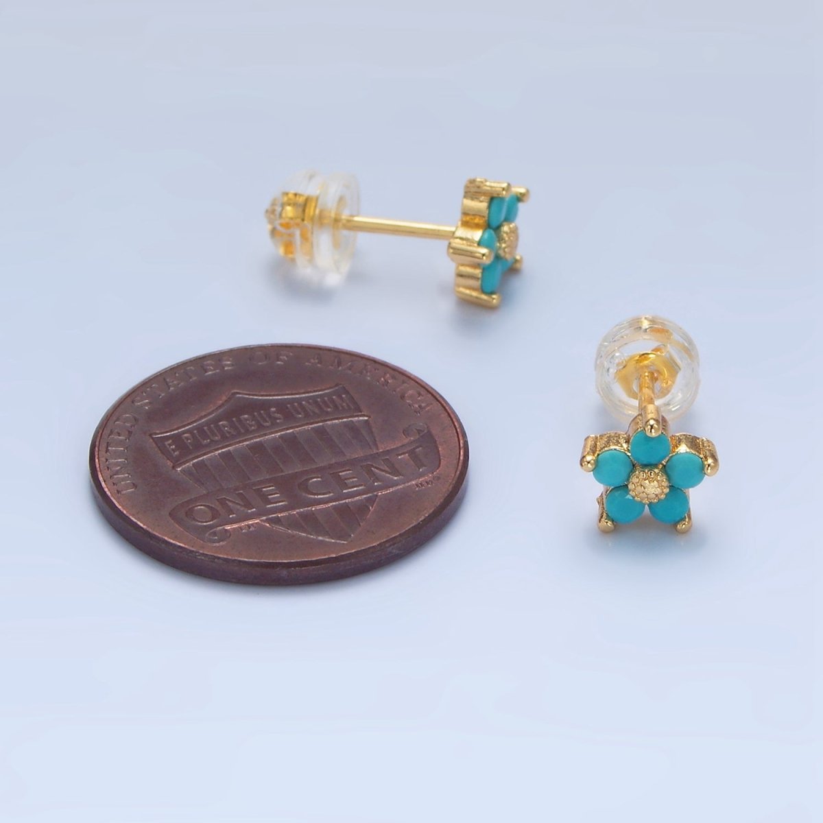 24K Gold Filled 7mm Turquoise CZ Flower Mini Stud Earrings | AD729 - DLUXCA