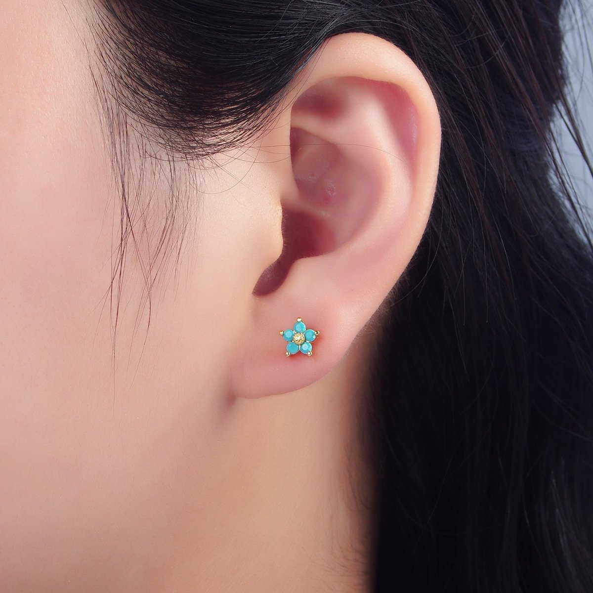 24K Gold Filled 7mm Turquoise CZ Flower Mini Stud Earrings | AD729 - DLUXCA