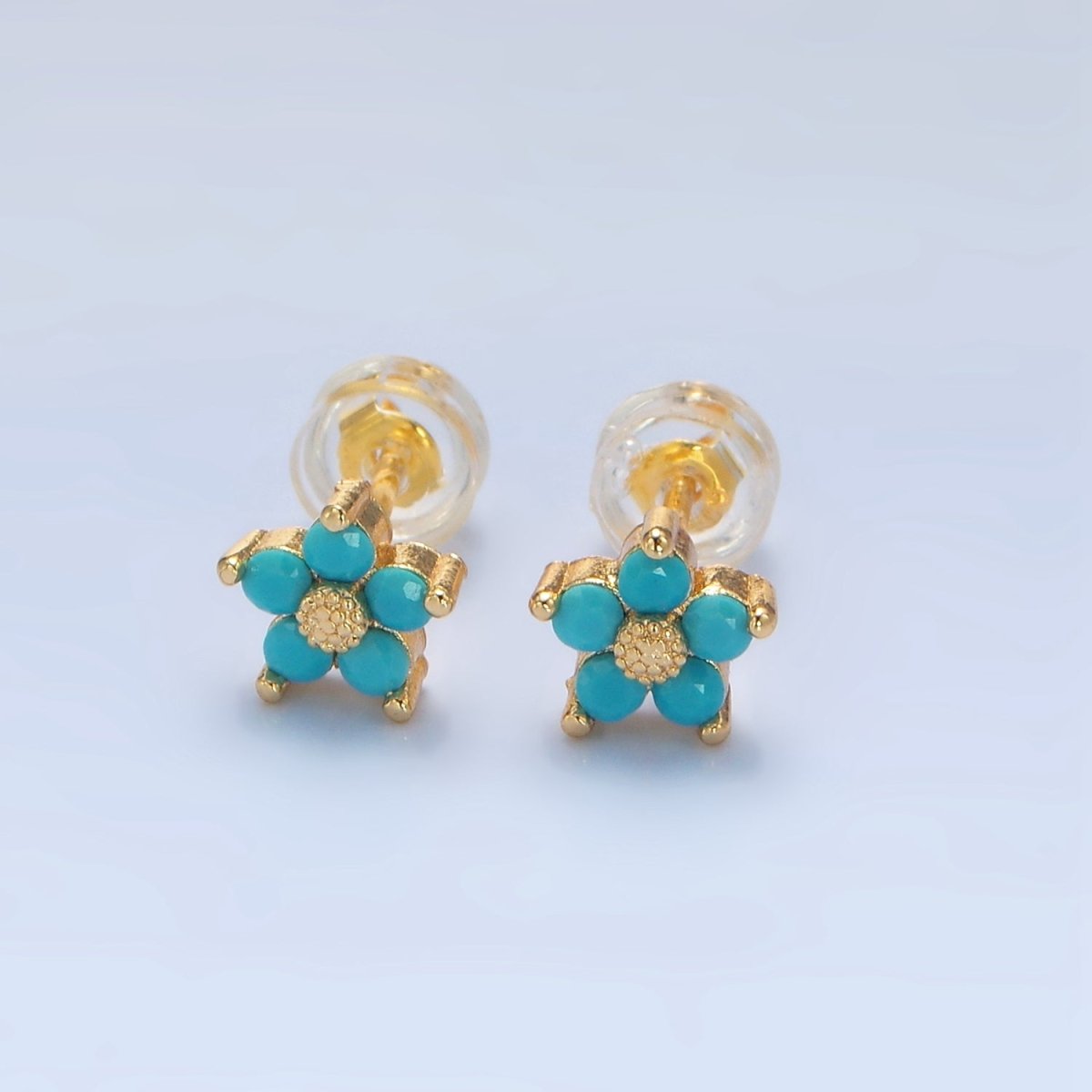 24K Gold Filled 7mm Turquoise CZ Flower Mini Stud Earrings | AD729 - DLUXCA