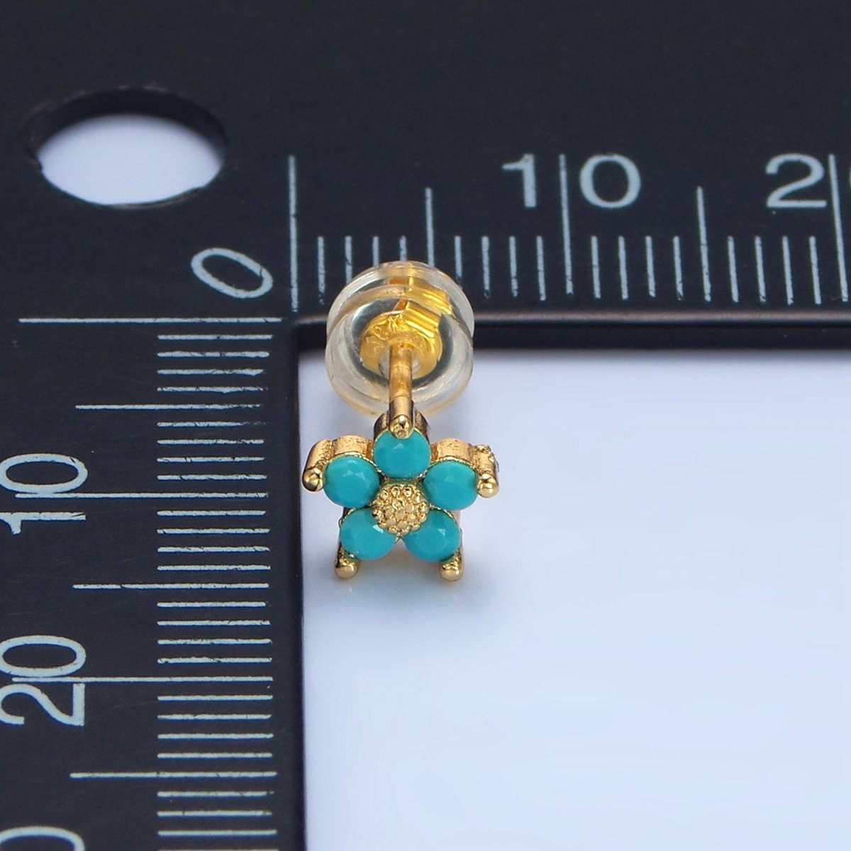 24K Gold Filled 7mm Turquoise CZ Flower Mini Stud Earrings | AD729 - DLUXCA