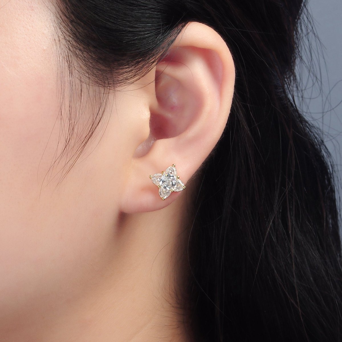 24K Gold Filled 8.8mm Clear CZ Geometric Flower CZ Stud Earrings | T302 - DLUXCA