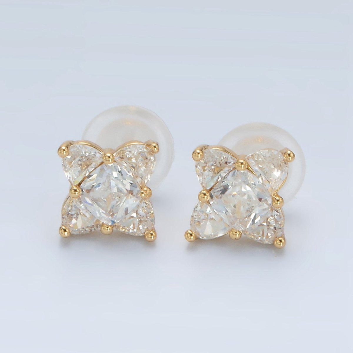 24K Gold Filled 8.8mm Clear CZ Geometric Flower CZ Stud Earrings | T302 - DLUXCA