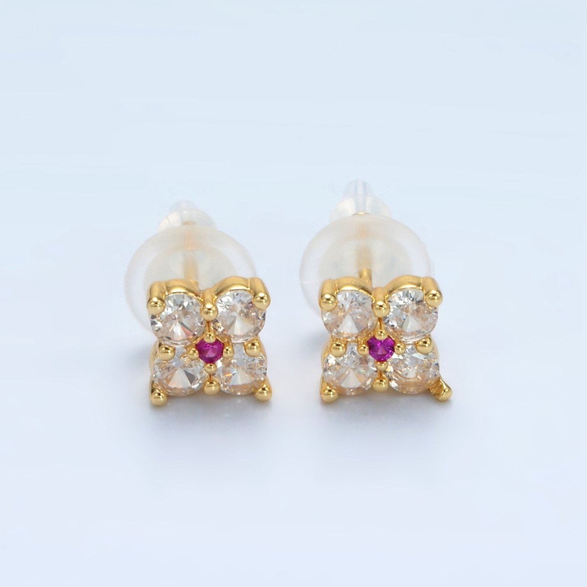 24K Gold Filled 8mm Fuchsia Clear CZ Flower Petal Stud Earrings | T283 - DLUXCA